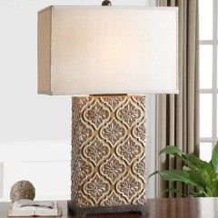 Patterned table lamp with beige shade on a dark wooden surface beside a green plant.