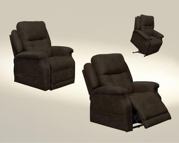 Dark brown recliner chair shown upright, partially reclined, and fully reclined on a light background