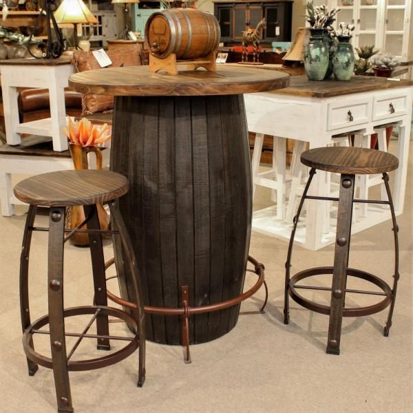 Rustic bar table with two stools in a farmhouse-style room