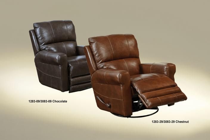 Two leather recliners, one dark brown and one chestnut, shown on a beige background.