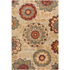 Beige floral rug with colorful, ornate mandala-style medallions in red, teal, blue, and gold