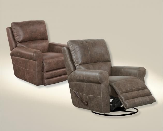 Brown leather recliner chair in upright and extended footrest positions on a beige background
