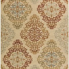 Beige wallpaper with ornate floral damask patterns in red, gold, and gray