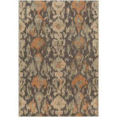Abstract floral-patterned rug in muted gray, beige, and orange tones.