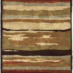 Abstract striped rug in beige, brown, tan, and dark maroon tones