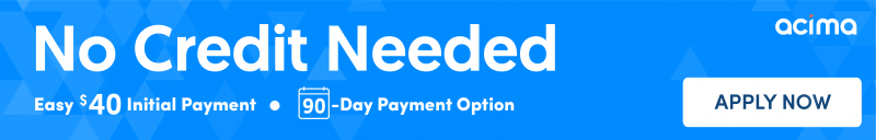 Blue promotional banner reading “No Credit Needed” with acima logo and a white “APPLY NOW” button