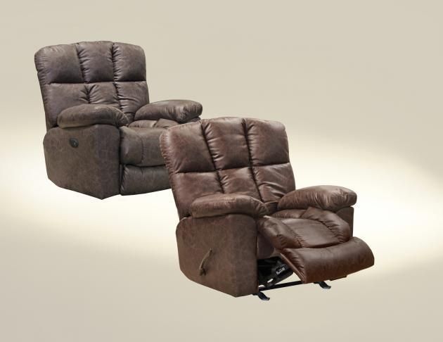 Two brown upholstered recliner chairs, one upright and one reclined, on a plain background