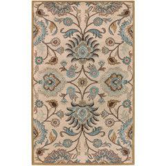 Beige floral rug with symmetrical blue, teal, and brown botanical patterns