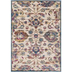 Beige floral patterned rug with blue, pink, and gold accents on a light background
