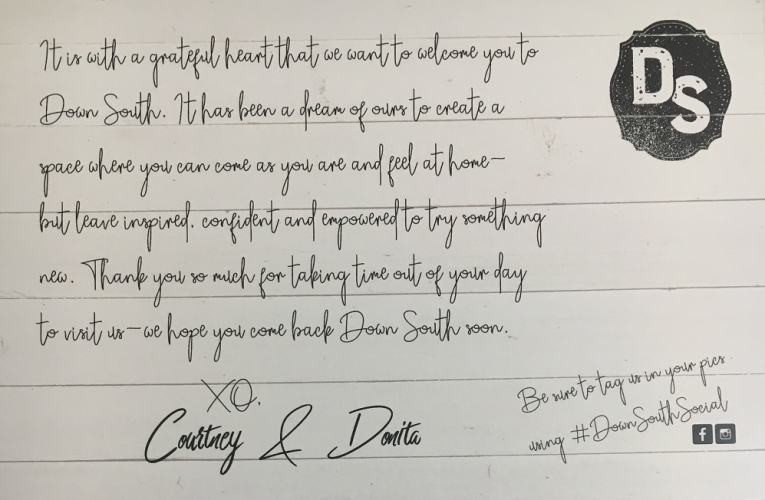 Handwritten thank-you note with a “DS” logo and signature on white paper