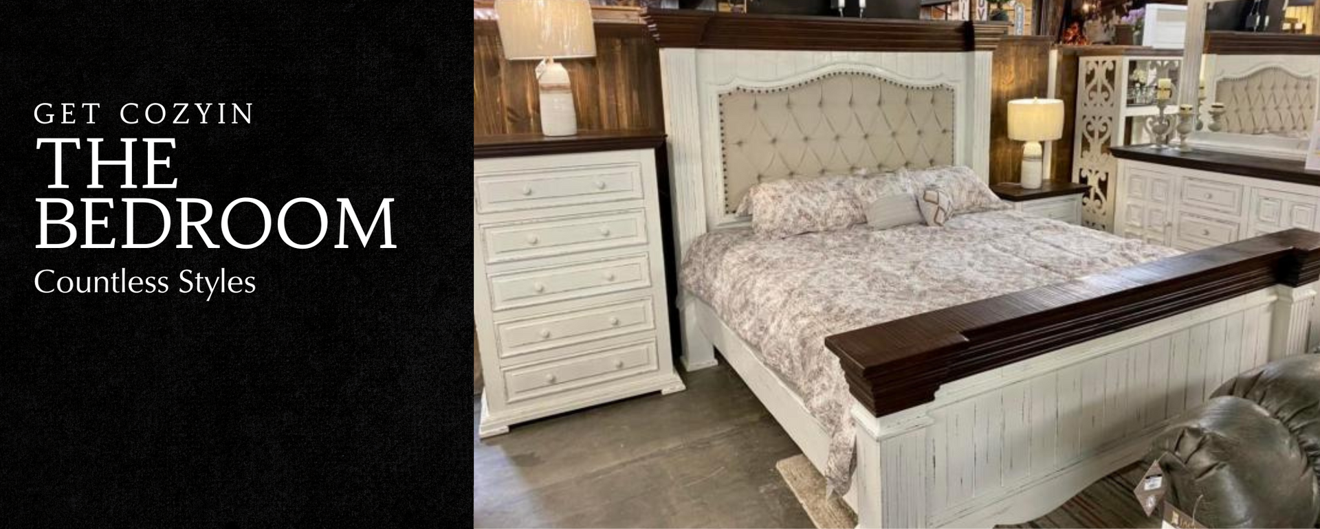 Cozy bedroom with a white upholstered bed, patterned bedding, and warm wood-paneled decor
