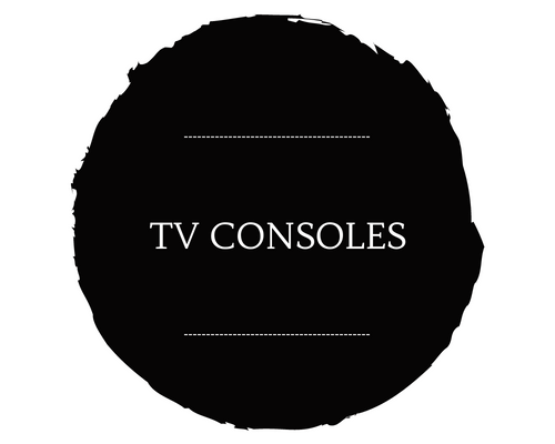 Black circular icon with white text “TV CONSOLES” and thin dashed lines above and below