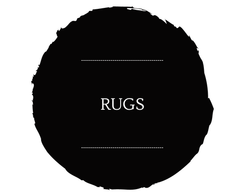 Black circular logo with the word “RUGS” in white text centered between two thin lines.