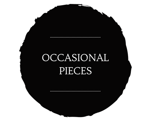 Black circular logo with white text reading “Occasional Pieces” centered inside.