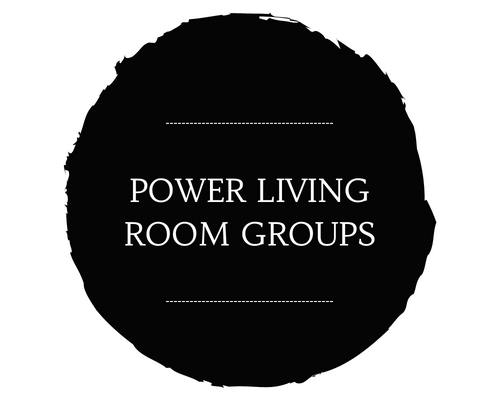 Black circle logo with white text reading “POWER LIVING ROOM GROUPS”