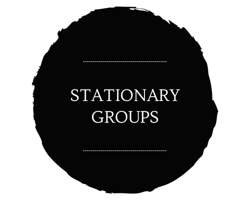 Black circular badge with white text reading “STATIONARY GROUPS”