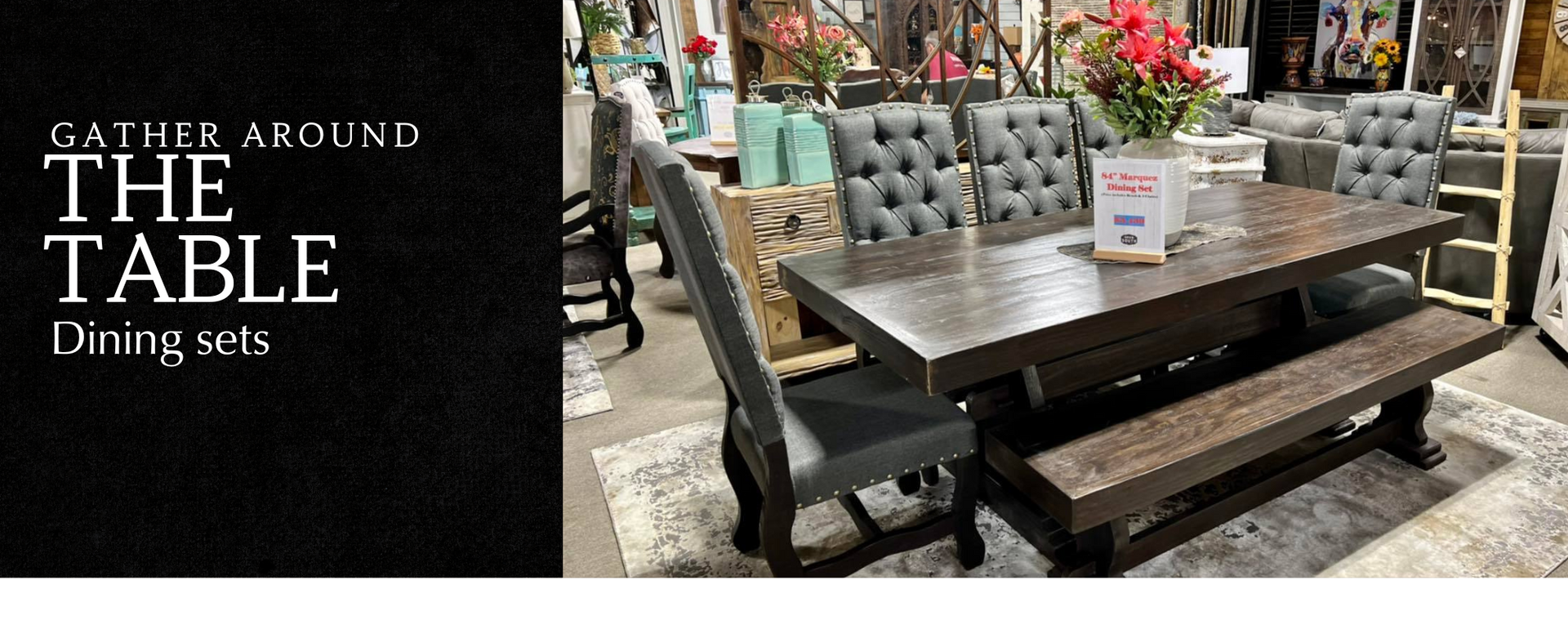 Patio dining set with tufted gray chairs, wooden table, and bench in a garden setting