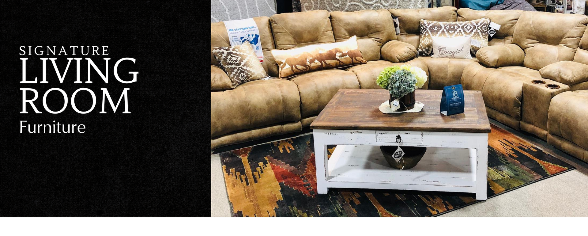 Living room furniture ad with beige sectional sofa and white coffee table in a cozy room