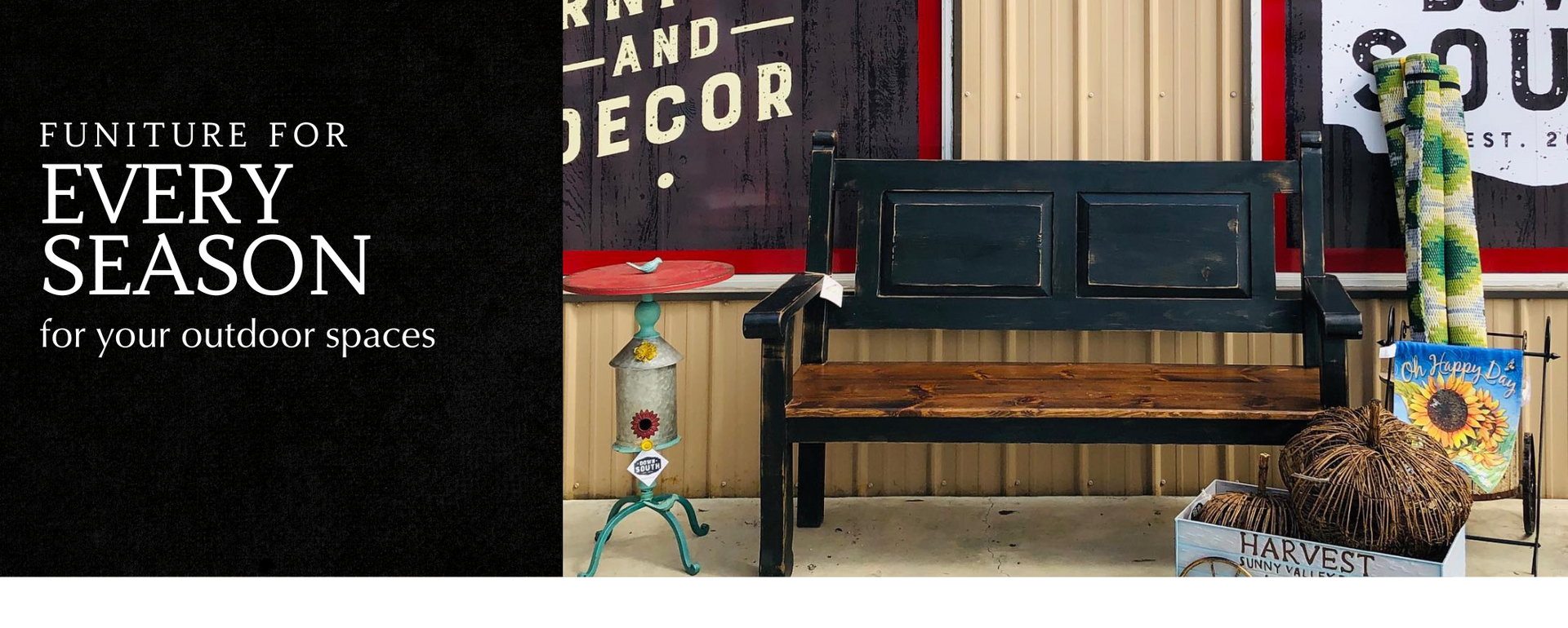 Furniture for every season for your outdoor space, with a bench, decor, and plants on a patio