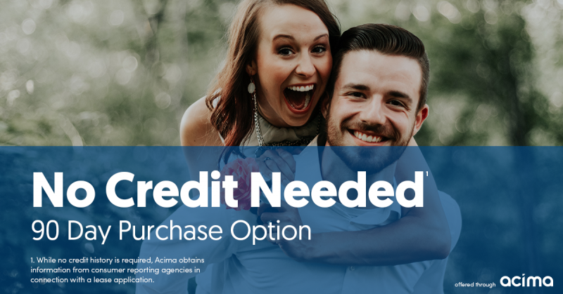 Smiling couple on a blue background with text: “No Credit Needed” and “90 Day Purchase Option”