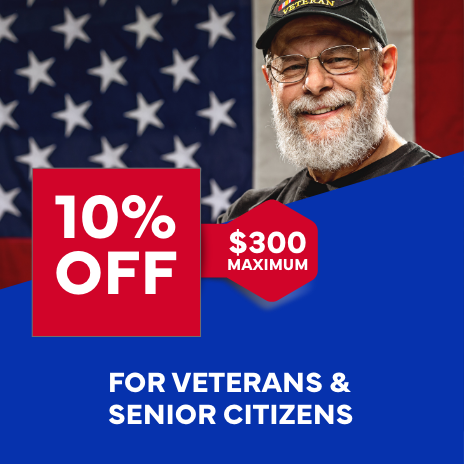 An advertisement for veterans and senior citizens with a man in front of an american flag