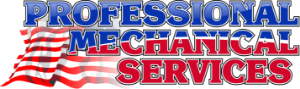 Logo for Professional Mechanical Services with red, white, and blue colors; American flag design.