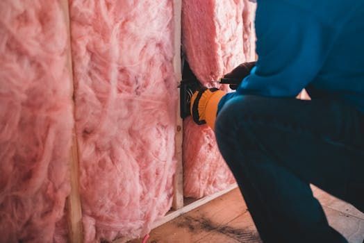 Person using a drill to install pink insulation in a wall frame