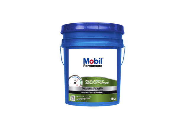 Un cubo de plástico azul de refrigerante Mobil Permazone