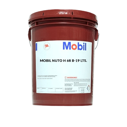Un cubo de plástico marrón de 19 litros que contiene aceite hidráulico Mobil Nuto H 68 con una etiqueta blanca.