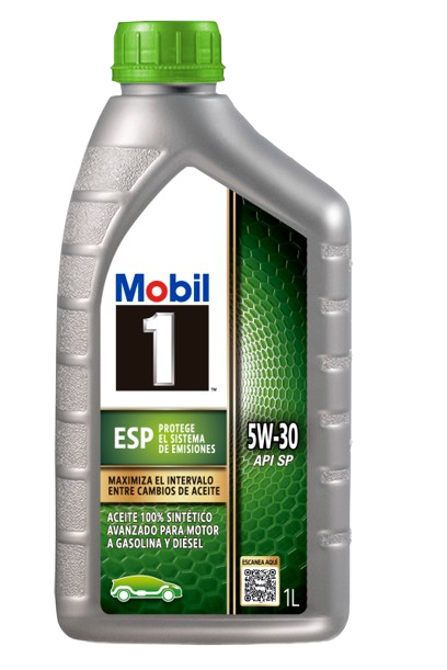 Una botella de un litro de aceite de motor sintético Mobil 1 ESP 5W-30 con tapón verde y etiqueta gris.