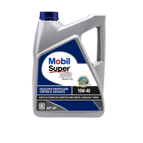 Una garrafa gris de cuatro litros de aceite de motor Mobil Super 2000 10W-40 con tapón azul sobre fondo blanco.