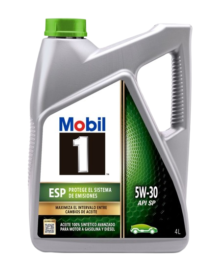 Una garrafa gris de cuatro litros de aceite de motor sintético Mobil 1 ESP 5W-30 con tapón verde sobre fondo blanco.