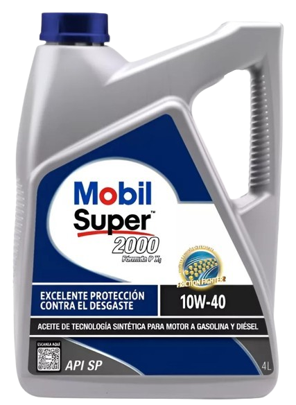 Un bidón gris de 4 litros de aceite de motor sintético Mobil Super 2000 10W-40 para motores de gasolina y diésel.