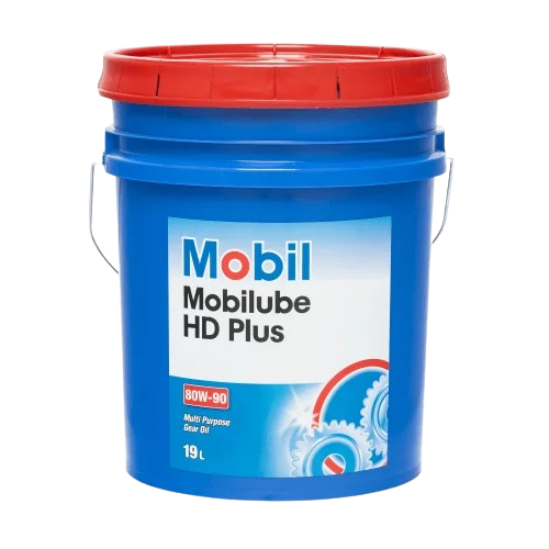 Un cubo de plástico azul de 19 litros de aceite para engranajes Mobilube HD Plus 80W-90 con tapa roja.