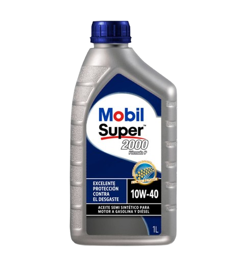 Una botella de un litro de aceite de motor semisintético Mobil Super 2000 10W-40 con tapón azul y envase plateado.