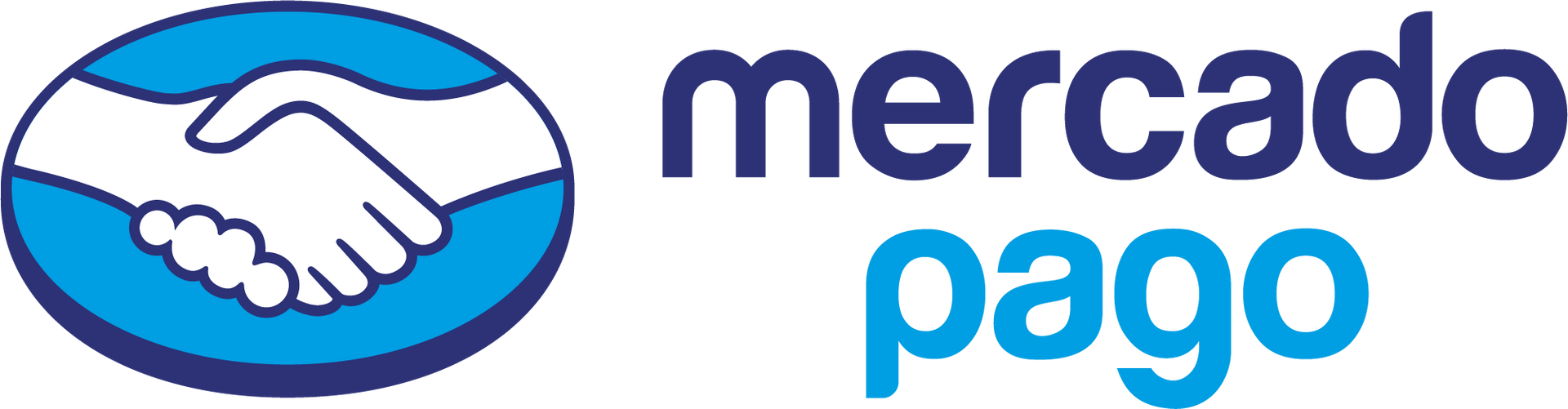 El logotipo de Mercado Pago, que muestra un apretón de manos blanco dentro de un óvalo azul, junto al texto 