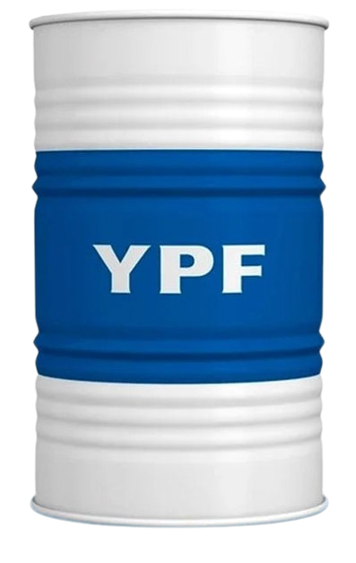 Un bidón de aceite industrial blanco y azul con el logotipo de YPF impreso en la sección azul central.