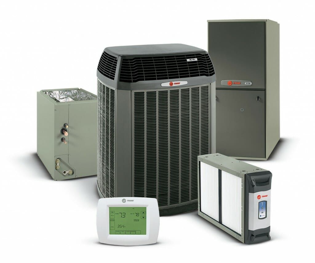 HVAC system components: air conditioner, furnace, air filter, and thermostat.