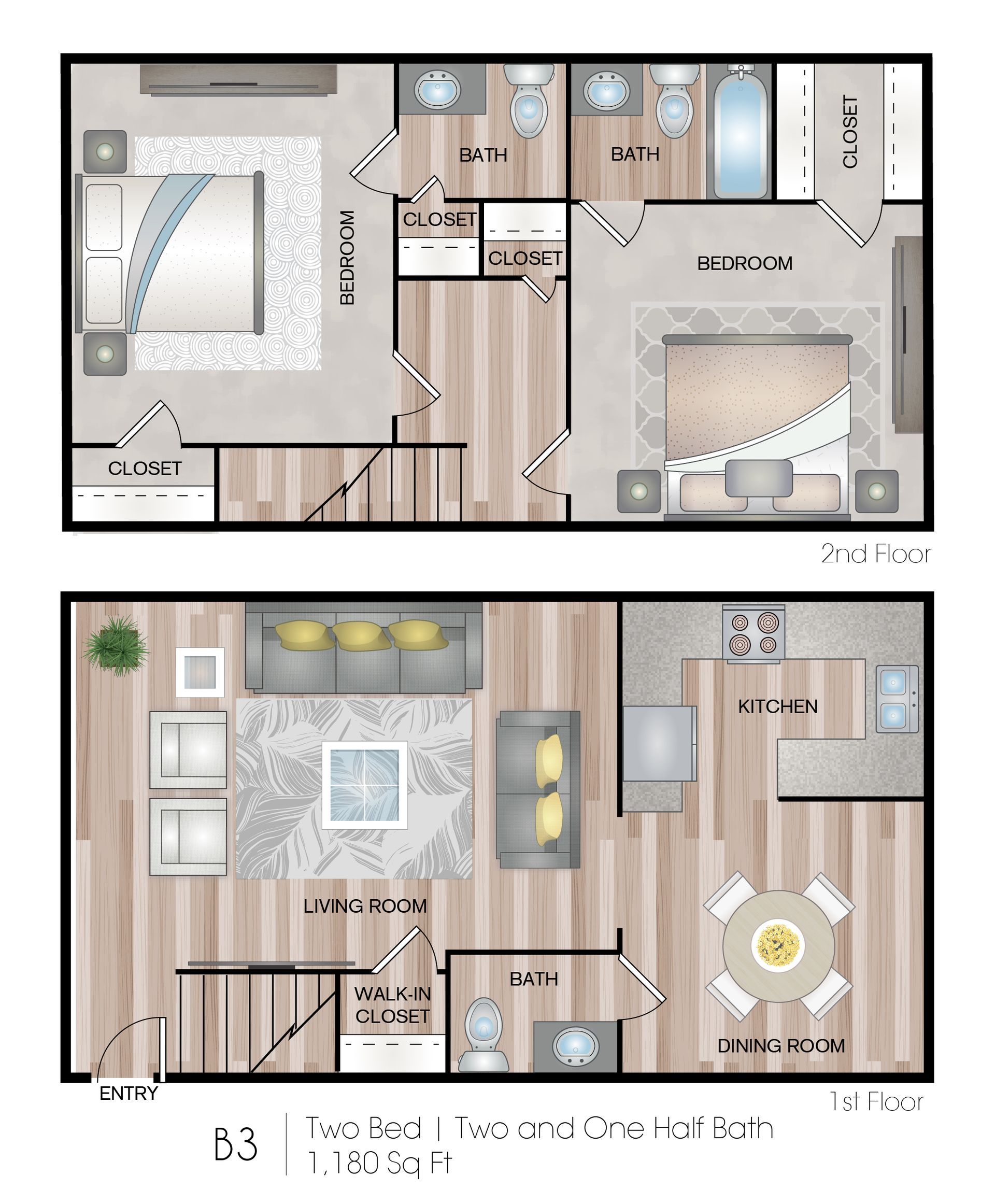 Two-floor apartment floor plan in beige and gray with labeled rooms and furniture layout.