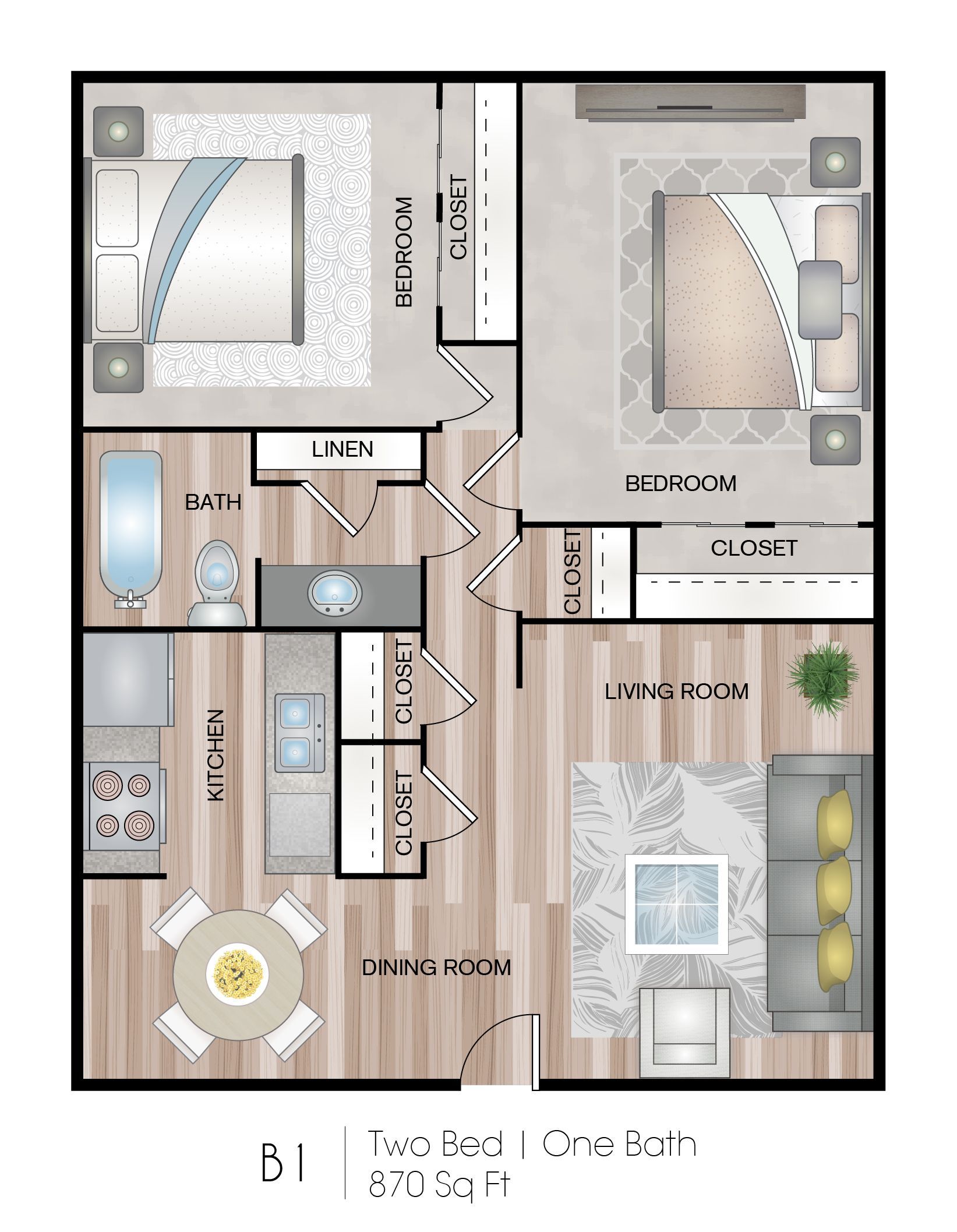 Top-down floor plan of a small home with labeled rooms, furniture, and a balcony/terrace.