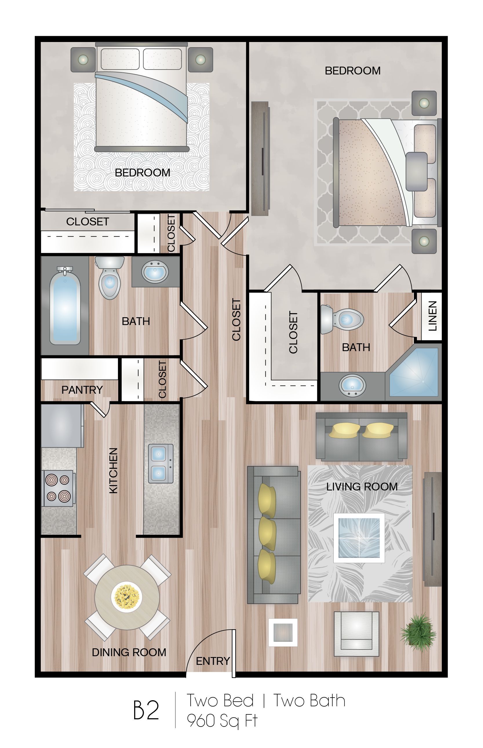 Compact apartment floor plan with living room, kitchen, bedroom, bathroom, and balcony in soft beige tones