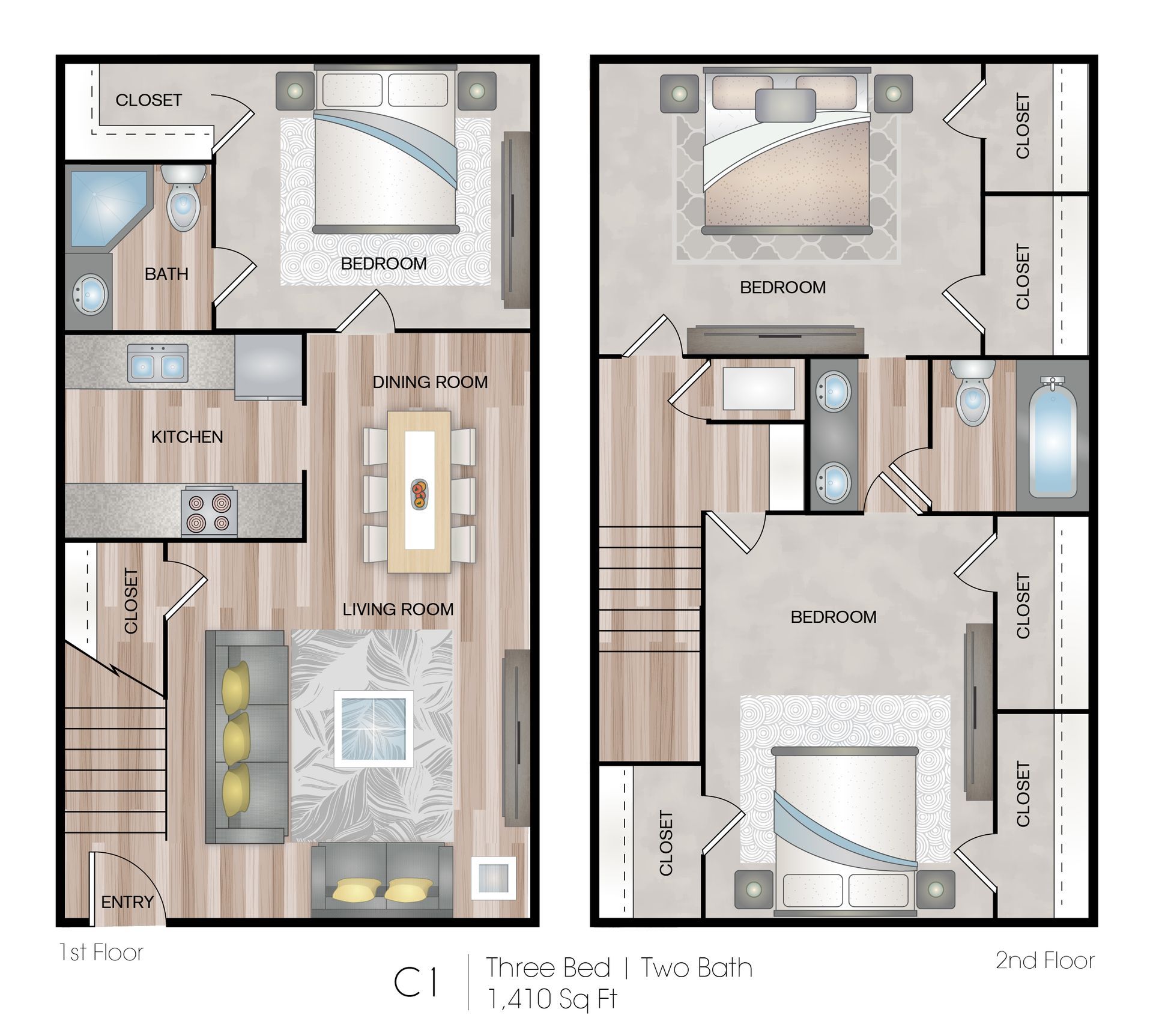 Duplex floor plan with two mirrored units, showing bedrooms, kitchens, baths, stairs, and living areas.