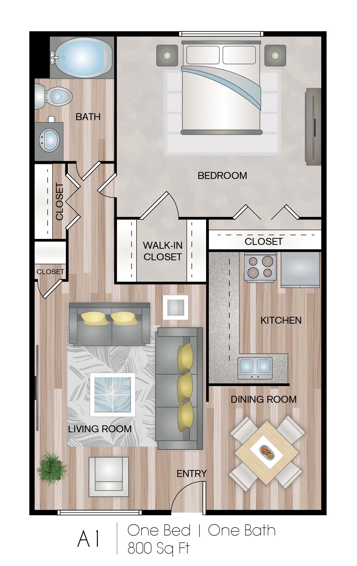 Top-down apartment floor plan with labeled rooms, furniture, and a small balcony.