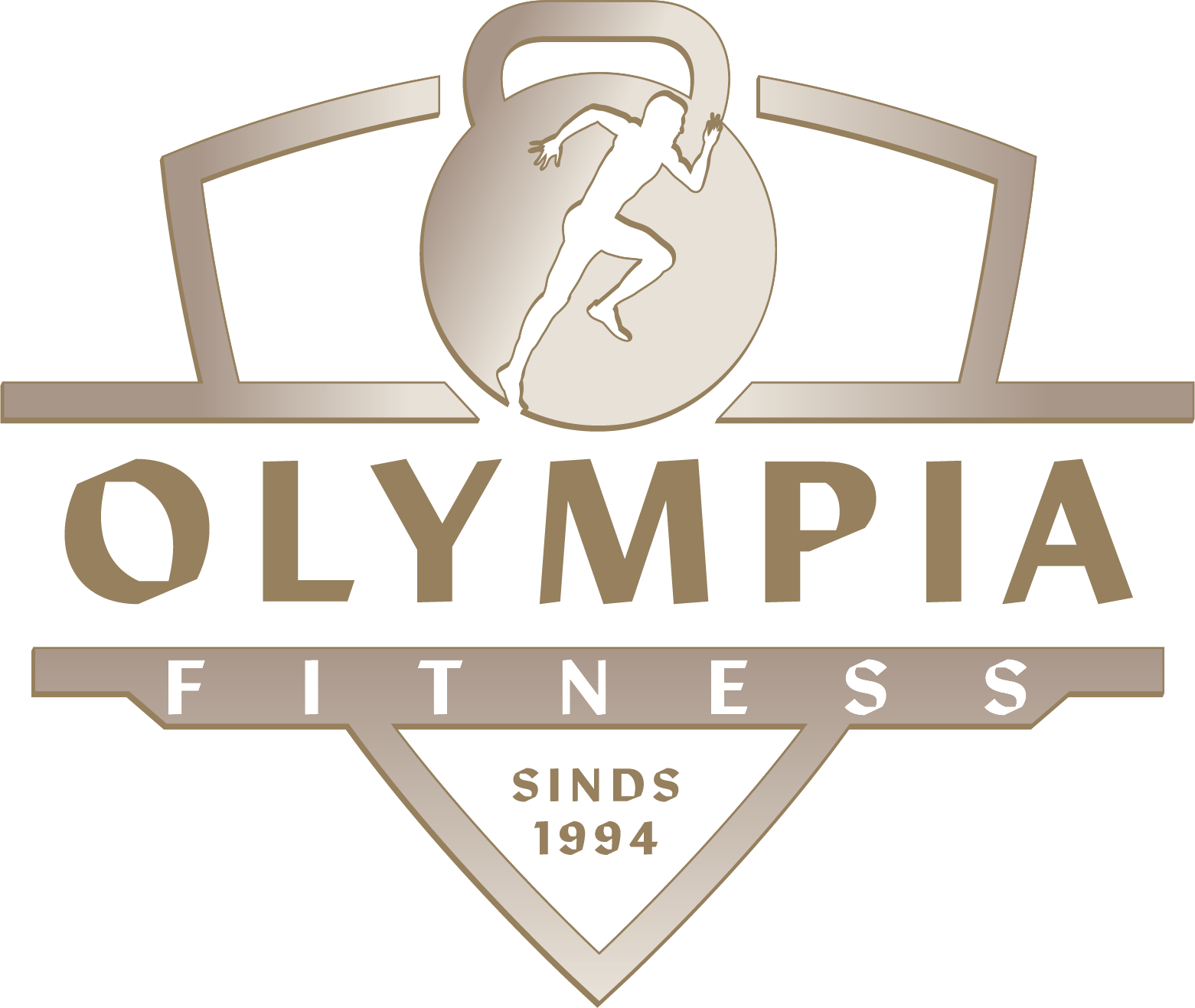 Logo voor Olympia Fitness: een persoon rent in een kettlebell, de tekst luidt "Olympia Fitness", "Sinds 1994".