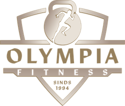 Logo voor Olympia Fitness: een persoon rent in een kettlebell, de tekst luidt "Olympia Fitness", "Sinds 1994".