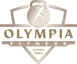 Logo voor Olympia Fitness: een persoon rent in een kettlebell, de tekst luidt "Olympia Fitness", "Sinds 1994".
