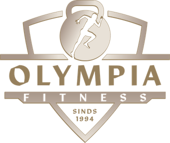 Logo voor Olympia Fitness: een persoon rent in een kettlebell, de tekst luidt "Olympia Fitness", "Sinds 1994".
