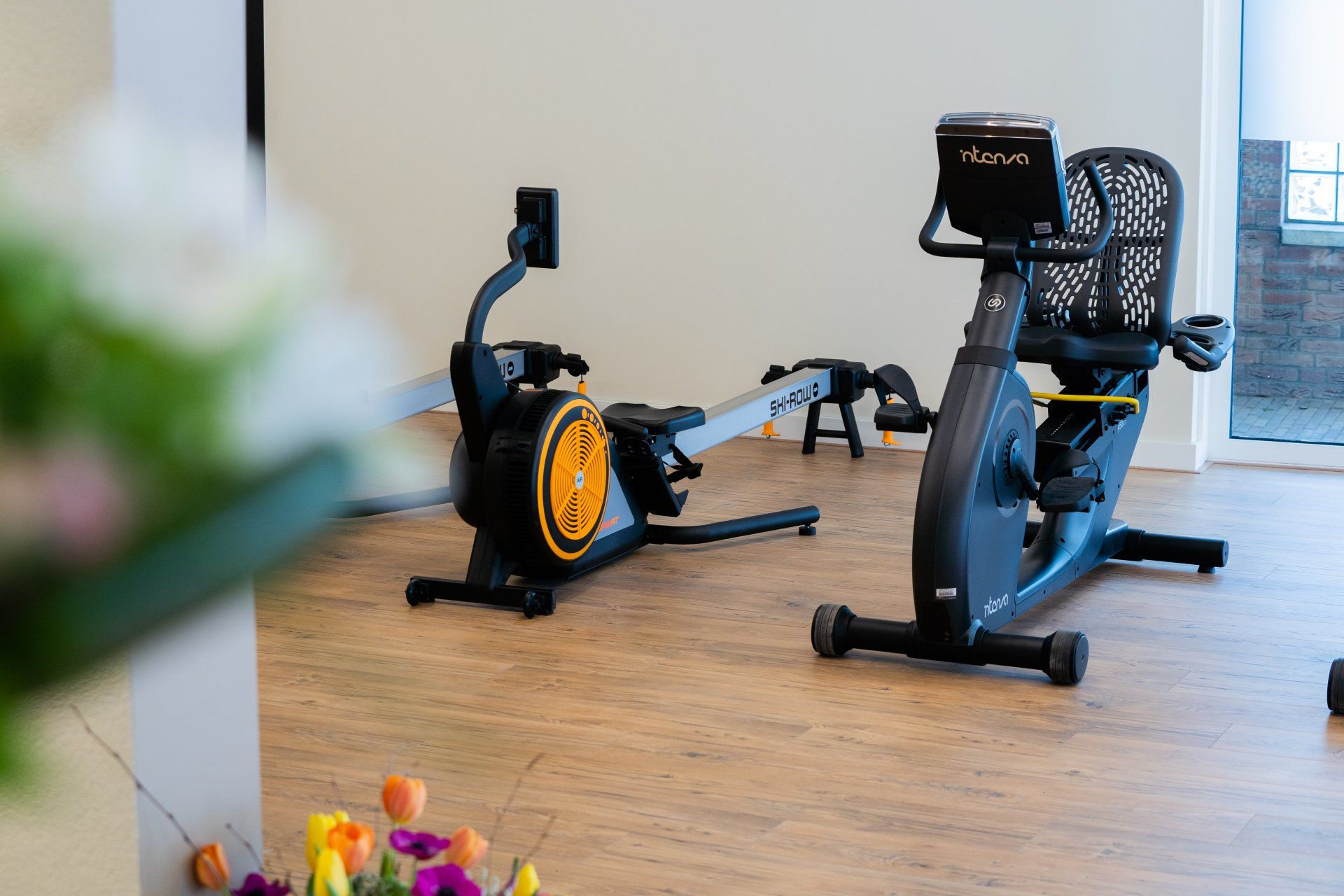 Er staan twee hometrainers en een roeiapparaat in de kamer.
