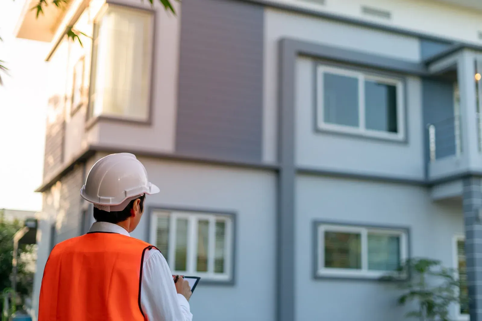 A construction worker is looking at a tablet in front of a house.