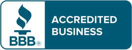 BBB Accredited Business badge with teal background and white logo text